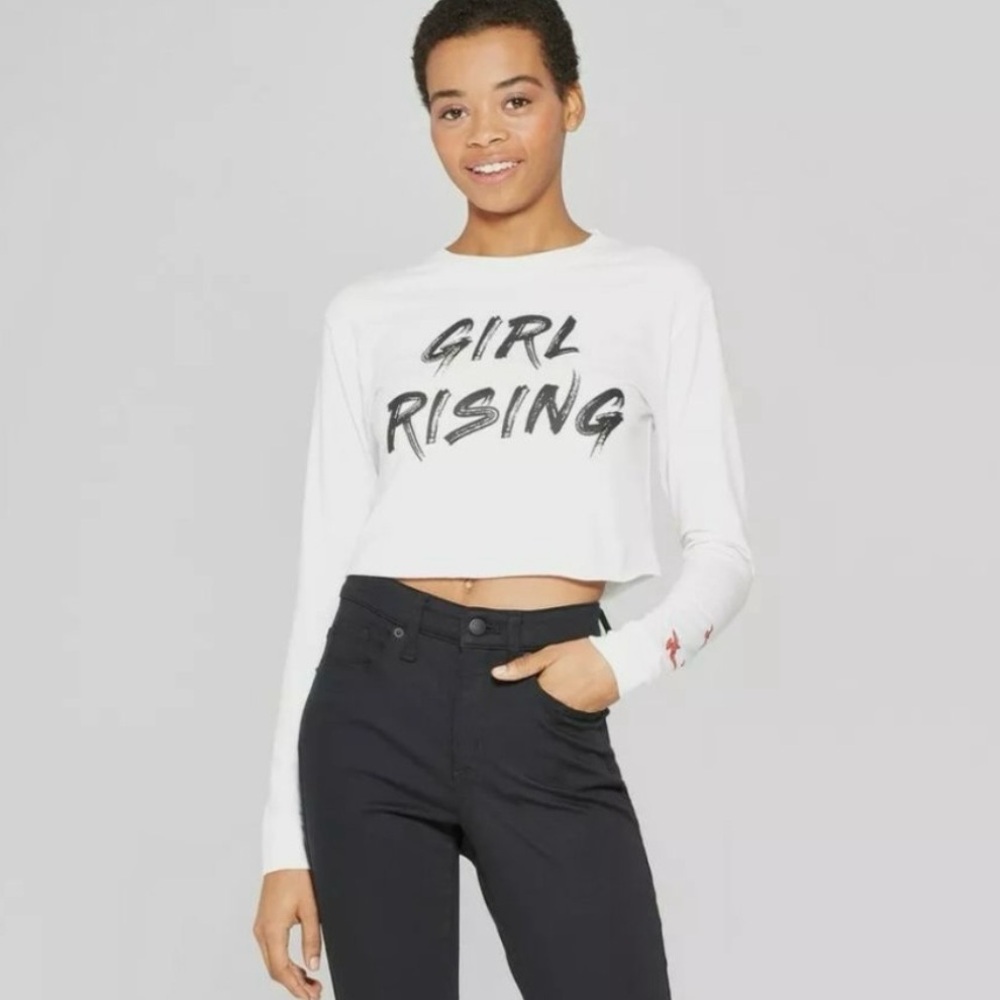 Girl Rising Graphic White Long Sleeve Crop Top Junior Girl Size M